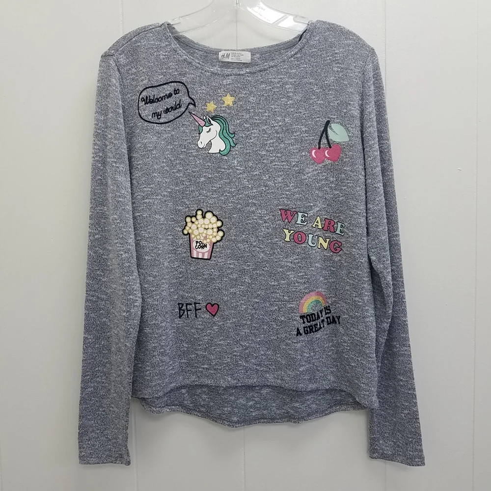 H & M Fine-knit Unicorn Popcorn Rainbow Printed Sweater
